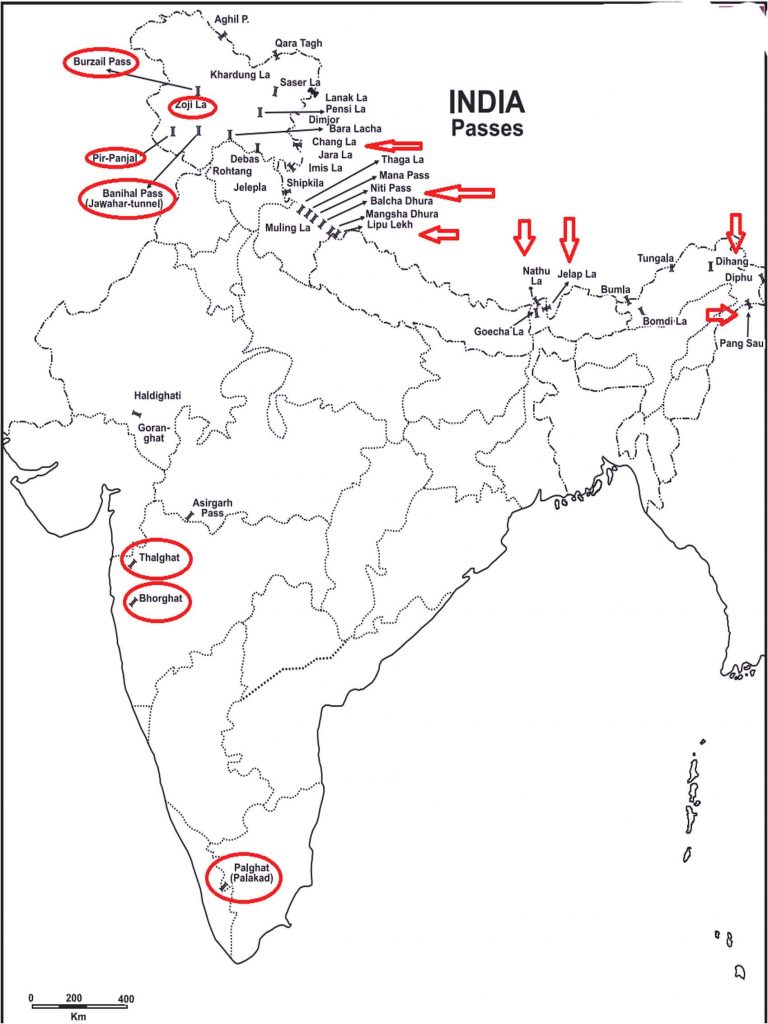map of all the mountain pass in india